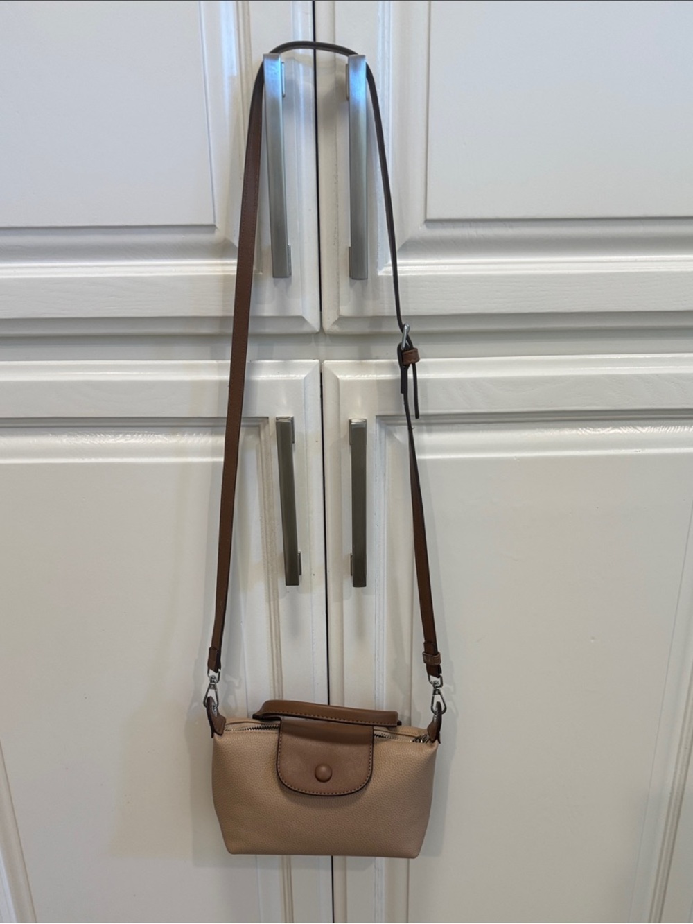 Compact Beige Crossbody with Brown Adjustable Strap